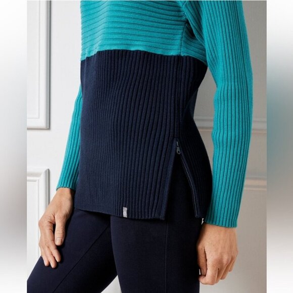 Talbots Teal Blue Navy Colorblock Ribbed Turtleneck Sweater Women’s Size Small - Picture 2 of 7